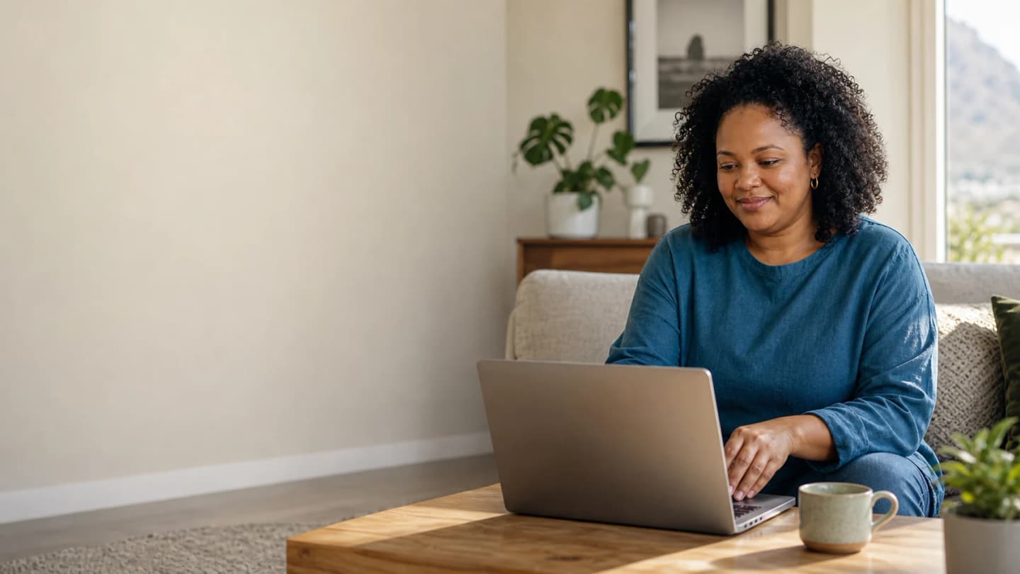South African woman beginning a private online weight management assessment at home