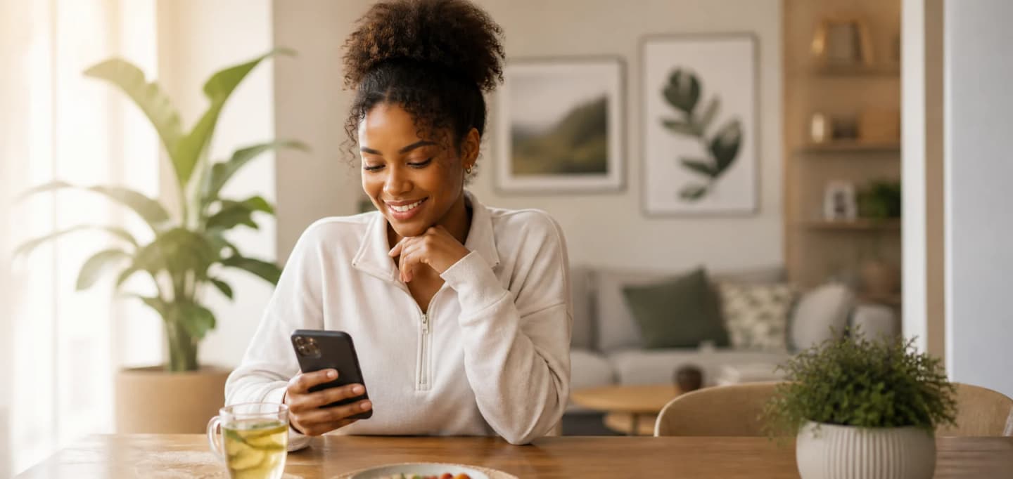 Adult woman using a phone at home while privately reading about weight care