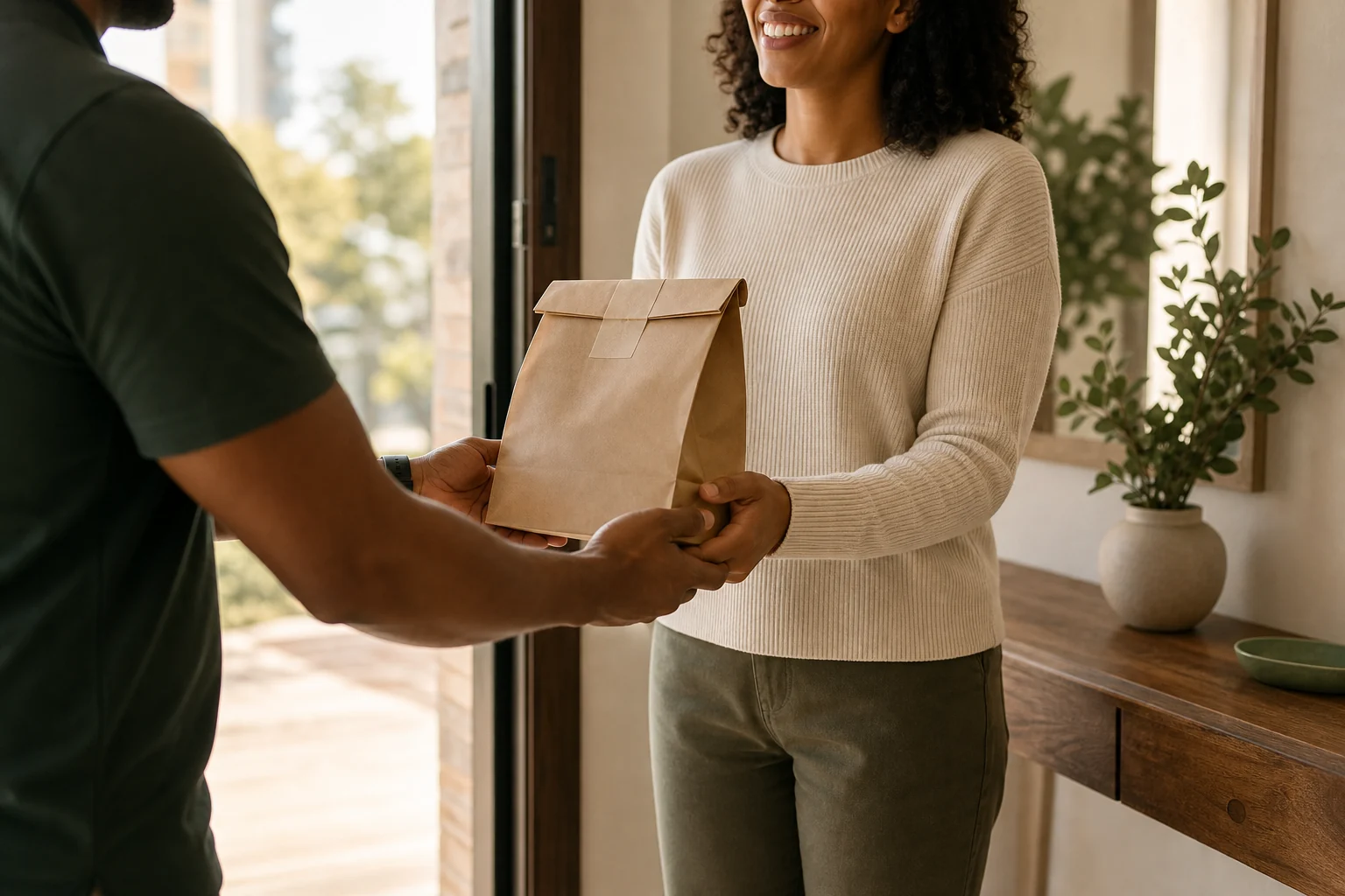 Unbranded parcel handed over at a warm South African home entrance